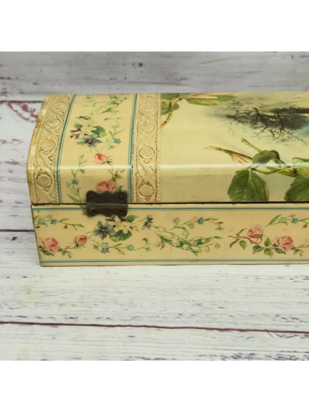 Antique Victorian Celluloid Glove Box Floral & Winter Lithograph Ornate Lock